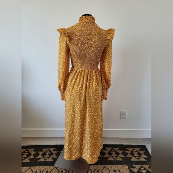 Yellow Floral Maxi Peasant Dress Boho Flounce Flutter Gypsy Hippie Cottagecore S - Picture 5 of 10